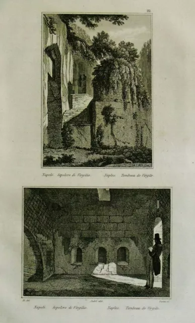 1835:NAPOLI, #2 Gravure sul SEPOLCRO DI VIRGILIO.Passepartout.AUDOT.Acciaio.ETNA