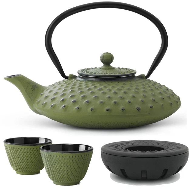 Asia Tee Set Teekanne Teesieb Stövchen Becher Teeservice Gußeisen grün 0,8 L