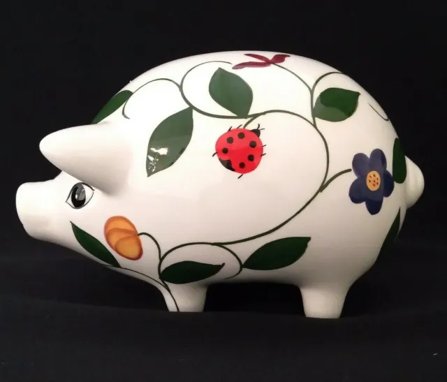 Vintage Ceramic Pig Piggy Bank, Hand Painted, Flowers, Butterfly, Ladybug  5"