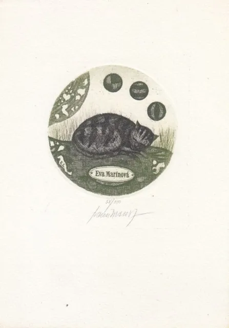 Exlibris Bookplate Gravure À L'Eau-forte Milan Fermier Chat Balles