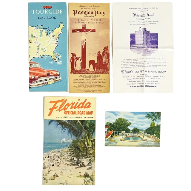 VTG 1950'S LAKE Wales Florida Gulf Tour Guide Postcard Map Passion Play