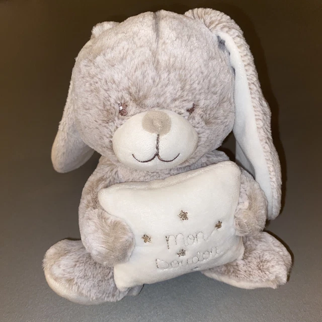 Doudou Musical Lapin Peluche Gris Blanc Oreiller Mon Doudou Tex Baby Etat Neuf