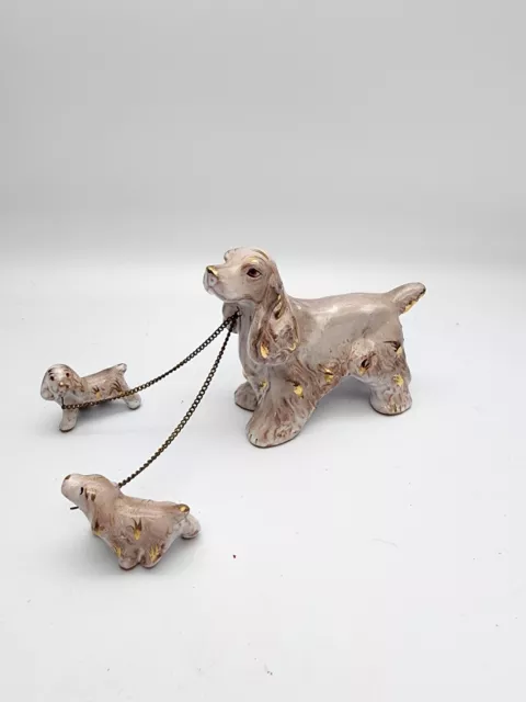 Cocker Spaniel Dog Figures With Puppies On Chain Vintage 1960s Japan Redware