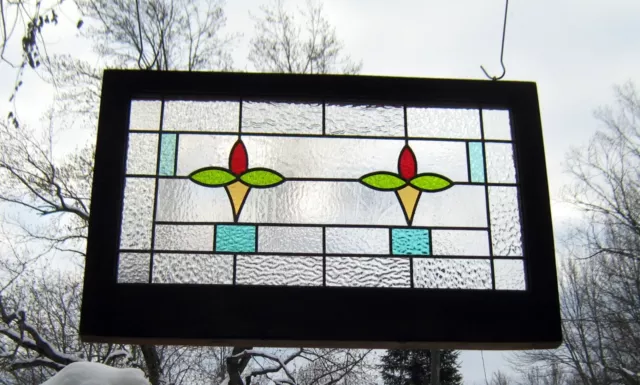 stained glass panel*large leaded tulip flower*hanging transom window decor art