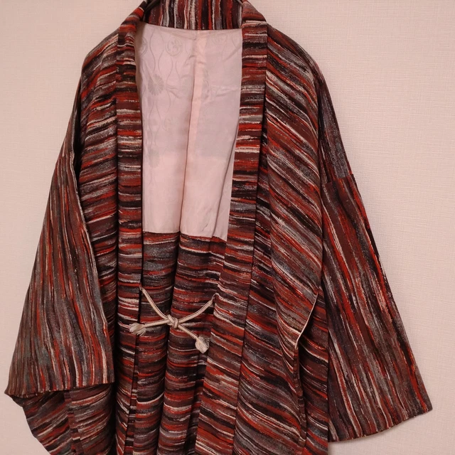 Woman Japanese Kimono Haori Silk Jacket Abstract Pattern Gold Silver Vermilion