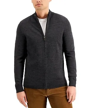 Club Room Mens Merino Zip-Front Sweater Ebony Heather Size M