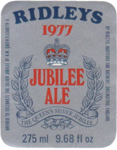 Ridleys Brewery Ridleys 1977 Jubilee Ale 275ml 9.68 fl oz Beer Bottle Label