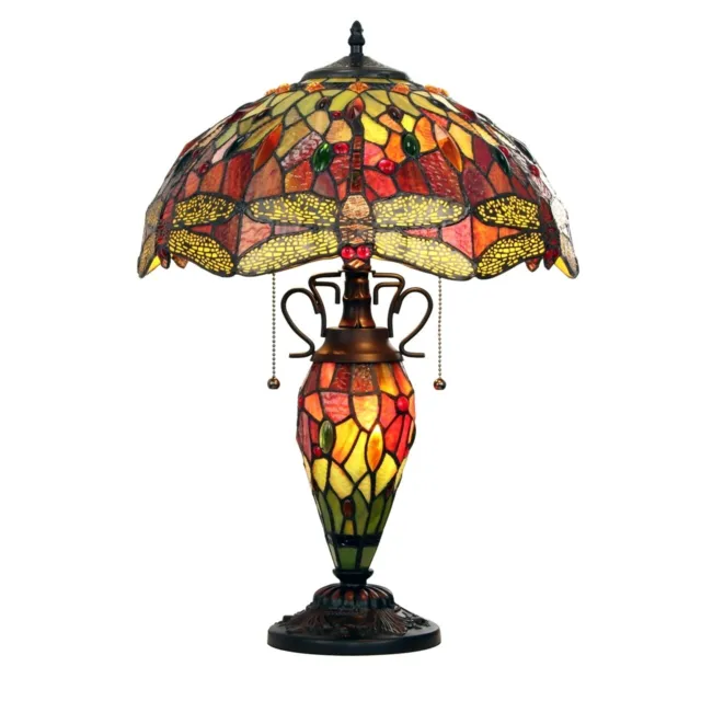Tiffany Style Stained Glass Table Lamp Double Lit Dragonfly Design