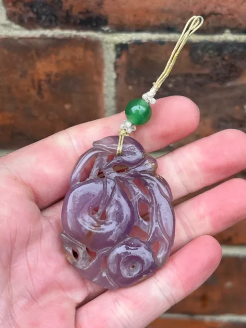 Chinese Antique Amethyst Pendant Necklace Qing Dynasty 19th Century Carved Jade