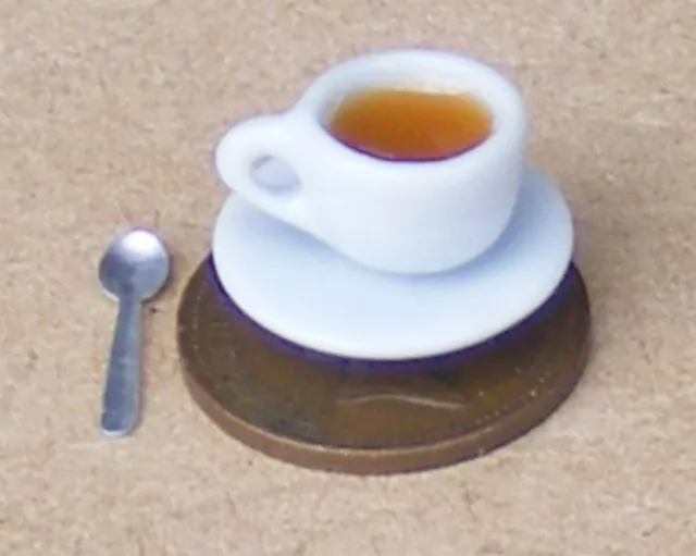 Tea In A White Ceramic Cup With A Saucer And Spoon Tumdee 1:12 Scale Dolls House
