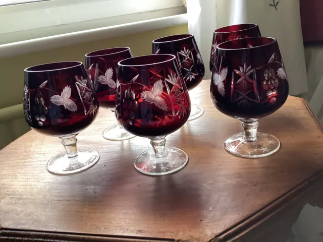 Set of 6 x Ruby Cranberry Bohemian Cut Glass Chunky Brandy Wine Spirit Glasses