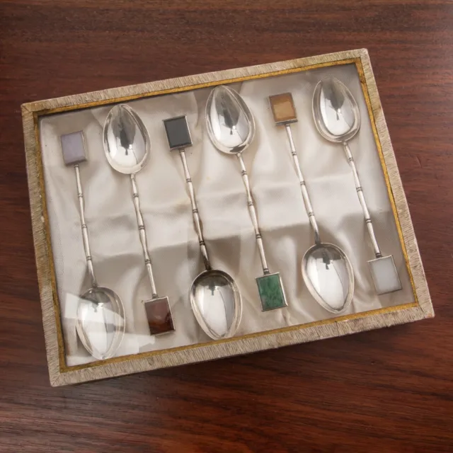 6 Tackhing Hong Kong Chinese Sterling Silver Teaspoon Set Stone Finials