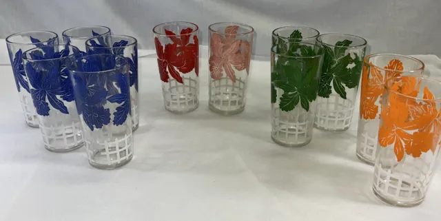 Hazel Atlas Multi-colored Floral Picket Fence Drinking Glasses VTG Set of 12