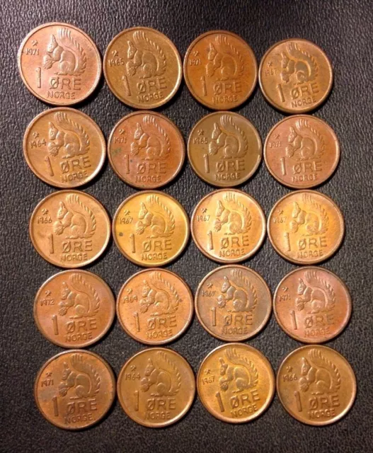 Vintage Norway Coin Lot - Ore - SQUIRREL SERIES - 20 Great Coins - FREE SHIPPING