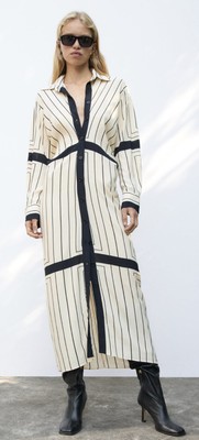 Zara Striped Shirt Midi Dress Size XS Extra Small Modern Black Ecru Spring