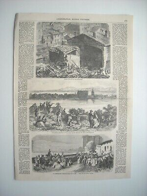 Gravure 1856. Scenes D’inondation, A Lyon, Aux Brotteaux. A Tarascon, Vue Hauteu
