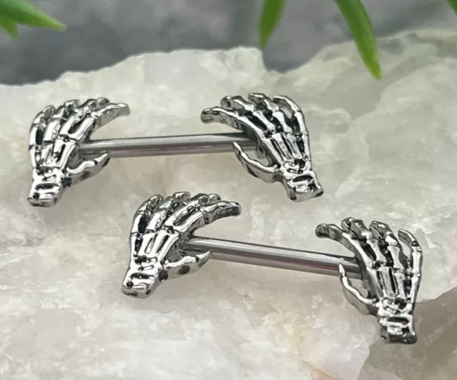 PAIR Nipple Shields Skull Hand Ends Body Jewelry Surgical Steel Barbell Rings