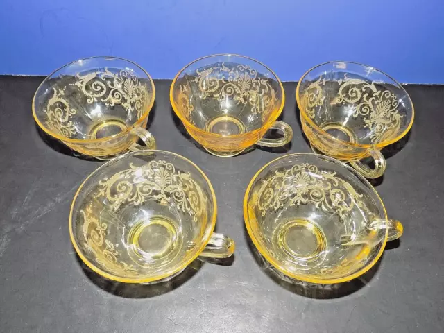 5 Fostoria Versailles Etched Elegant Depression Glass Topaz Yellow Cups  ****