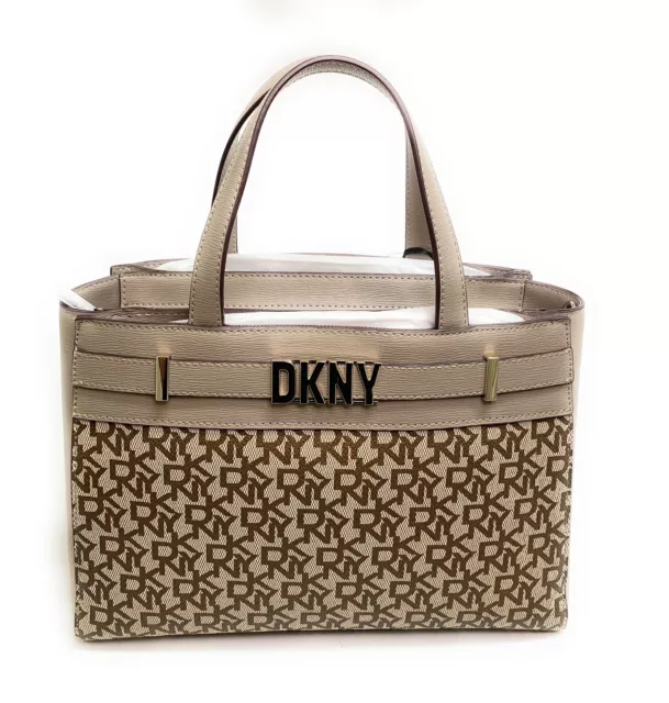 DKNY Purse Beckett Satchel Brown Beige Leather Crossbody Bag Top Handle Handbag