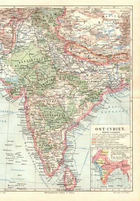 Ostindien, alte historische Landkarte mit Beiblatt, Lithographie um 1900 (D162)