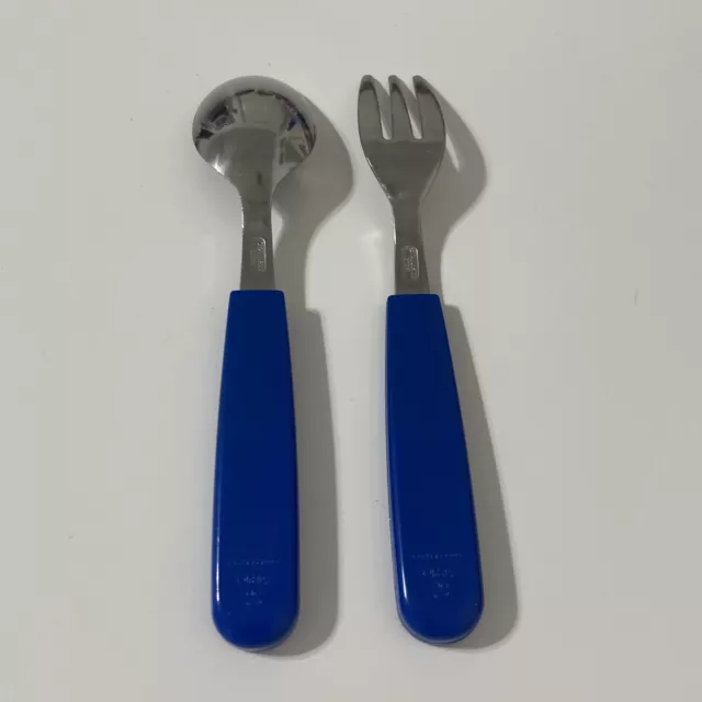 1991 Sanrio Boys Kids Blue Cars Trucks Small Fork and Spoon Stainless Steel Rare 2