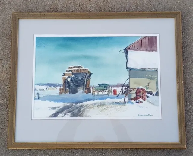 RANULPH BYE 1916-2003 HAY WAGON IN WINTER Watercolor Painting Pennsylvania Farm