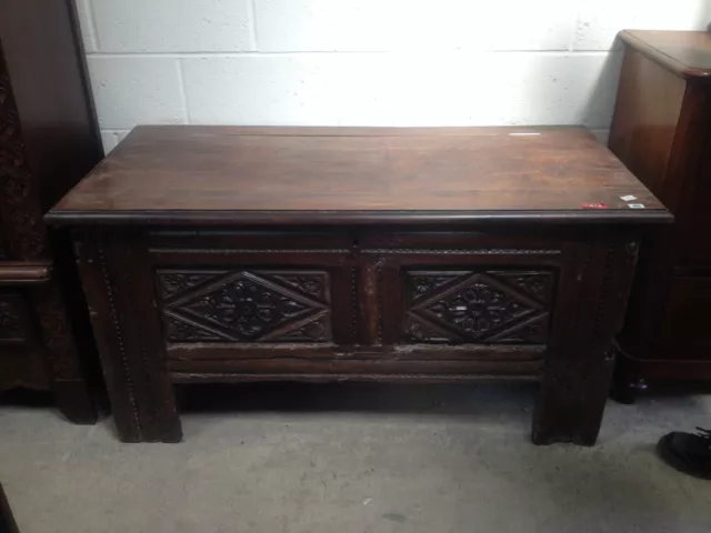 Exceptional Early Clamped Front Carved Walnut Chest Coffer 16th century