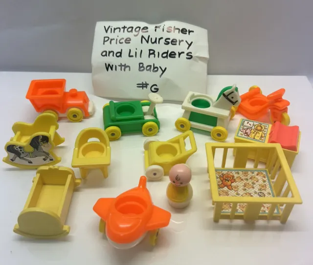 VINTAGE Fisher Price Little People PLAY NURSERY & LIL RIDERS & BABY COMPLETE #G