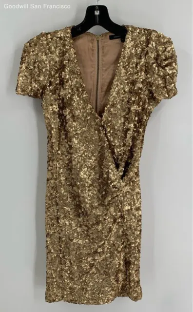 French Connection Womens Gold Sequin Short Sleeve Party Cocktail Mini Dress 6