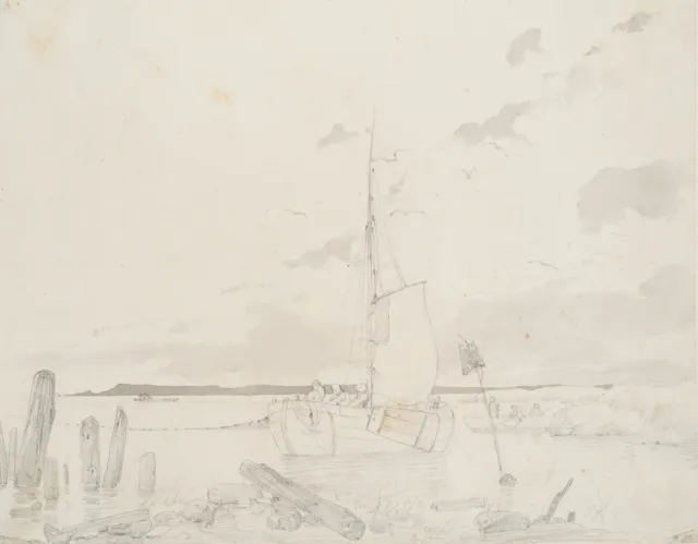 Schiffe am Ufer, um 1840, Bleistift Romantik Seefahrt Unbekannt (19.Jhd)
