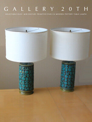 Wow! Pair Mid Century Calif Modern Pottery Atomic Blue Table Lamps! Vtg 50S 60S 2