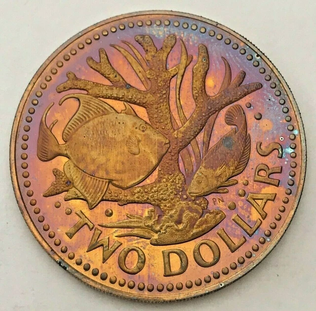 1973 Barbados Two Dollars Bu Stunning Magenta Color Subtle Toned Unc (Mr)