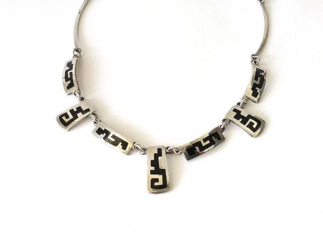 Vintage Taxco TV-110 Mexico 925 Sterling Silver Black Enamel Bib Necklace 17 in
