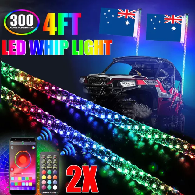 2X 4ft RGB LED Spiral Whip Light Bluetooth & Remote ATV UTV RZR Chasing Antenna