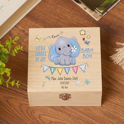 Personalised Wooden Baby Boy Keepsake Memory Box With Cute Elephant SHB-UV3