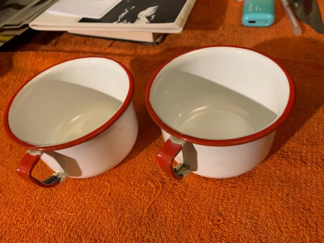 Vintage Enamel set of 2 Coffee Cups Mugs White Red Trim camping 4"