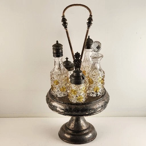 Silverplate Cruet Set with 4 Daisy and Button Condiment Bottles Plus 1 Antique