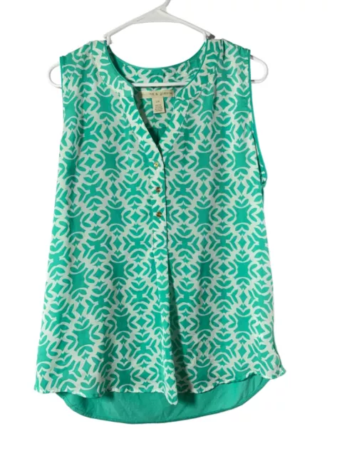 Hanna & Gracie Womens sleeveless green/white split neck blouse, size Large (L)