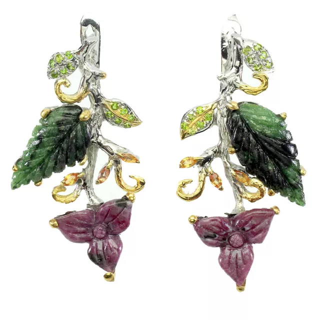 Handcraft Flower Carvings Ruby Zoisite 24x13mm Gems 925 Sterling Silver Earrings