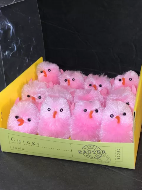 VTG NIB! Lot 12 Pink Spun Puff Cotton Chenille Baby Easter Felt Chicks Decor
