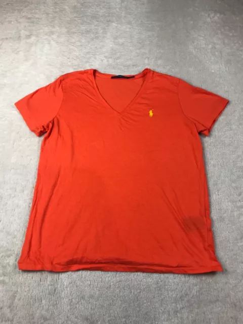 Ralph Lauren T Shirt Orange Womens XL V Neck Logo Design Short Sleeve Cotton