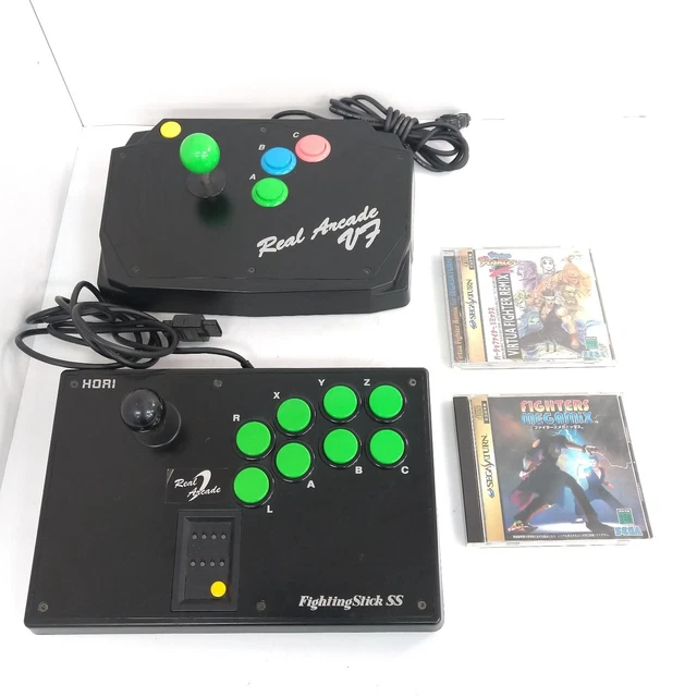 LOT 2 HORI REAL ARCADE VF Fighting Stick Controller for Sega Saturn with 2 games