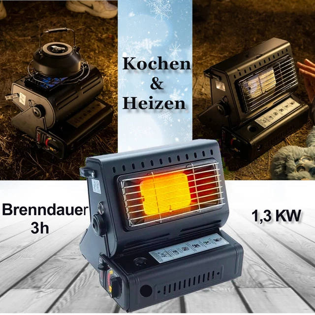 2in1 Tragbare Gasheizung Camping 1,3KW  Butan Gas Kocher Keramik Zeltheizung
