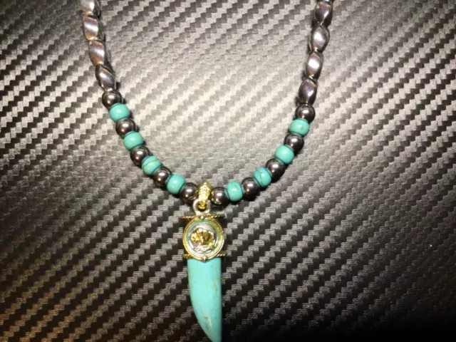 Men's Women's Magnetic Hematite Silver Necklace with Turquoise Horn Pendant