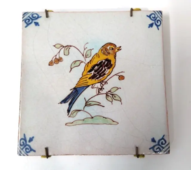 Antique Dutch Delft Polychrome Song Bird Circa 18 - 19th Century Tile 5"X5"