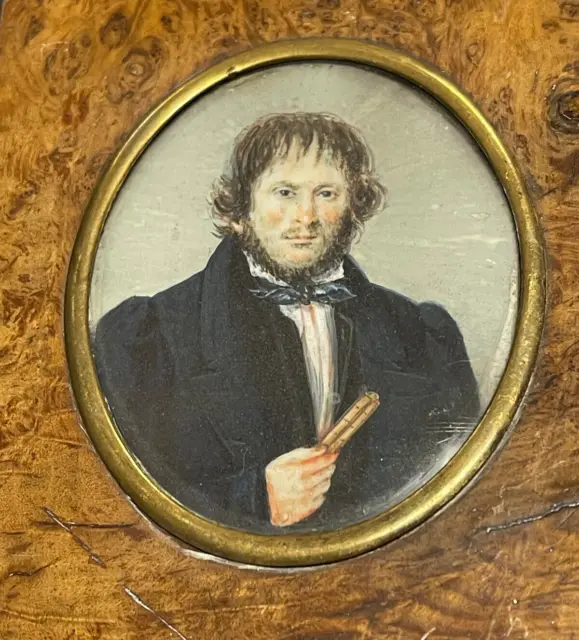 Unique tableau miniature XIXème siècle portrait homme scientifique beau cadre