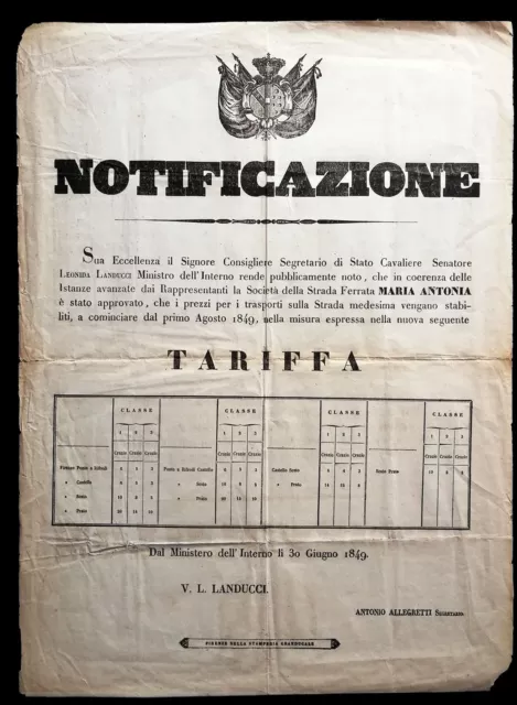 Ferrovia Maria Antonia. Prezzi Firenze - Prato anno 1849. Treni Toscana ferrovie