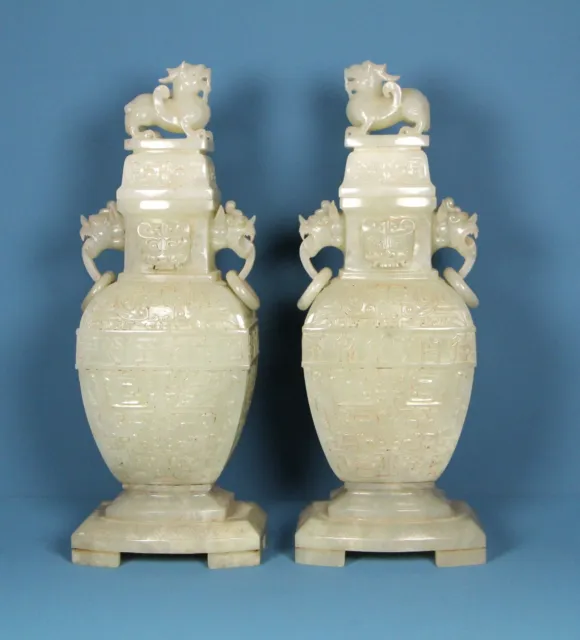 Chinese Exquisite Handmade Brave Troops carving Hetian Jade Bottle Statue A Pair