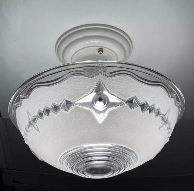 Vtg Art Deco Semi Flush Mount White Glass Ceiling Light 30s 40s 50s Atomic Stars