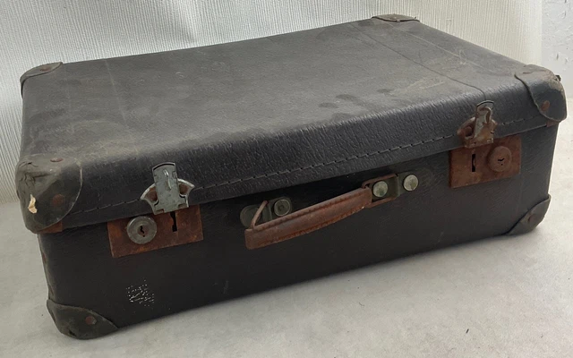 Ancienne grande valise de voyage en tissu et simili cuir vintage rangement